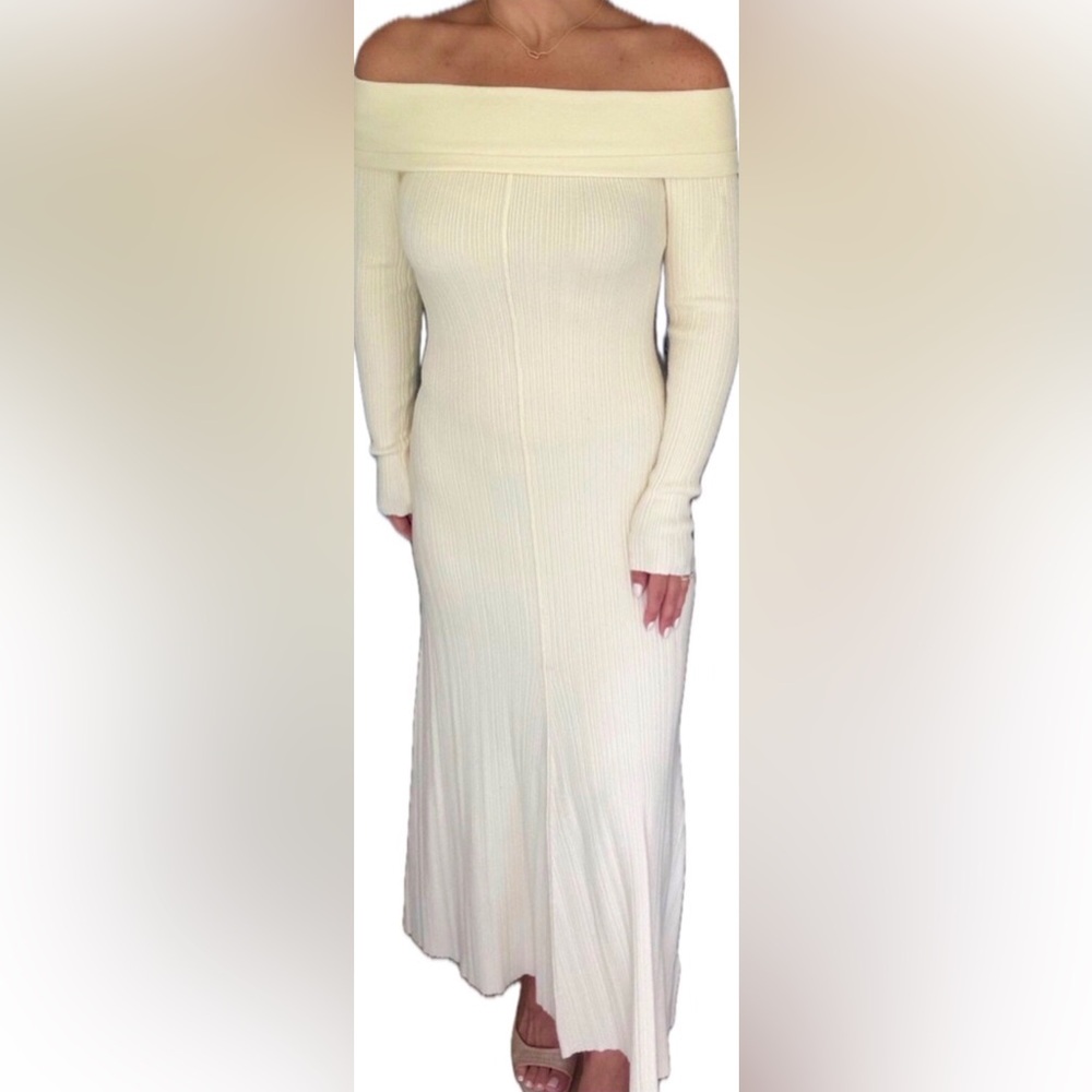 Off-Shoulder Ribbed Knit Maxi Dress - Cream